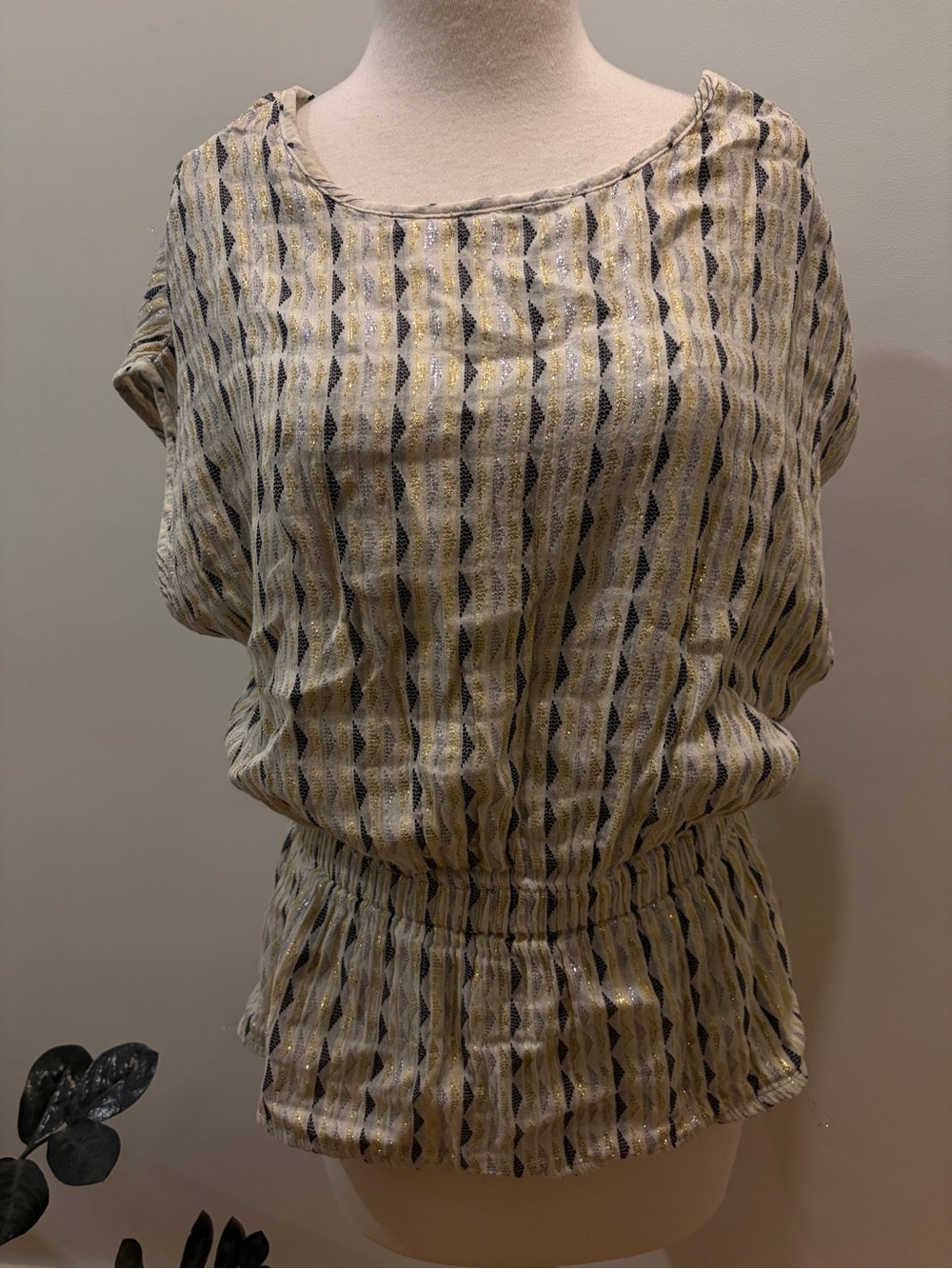 Ace and Jig Striped Metallic Accent Blouson Top - Cream, Gold and Black -Small